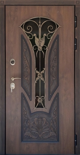 Уличная входная дверь с терморазрывом, фигурным стеклом и ковкой (влагостойкий МДФ)