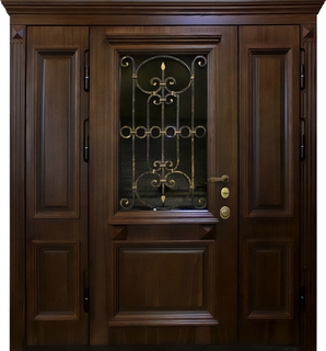 Входная парадная группа с терморазрывом, карнизом, стеклом и решеткой (отделка – массив с багетом)