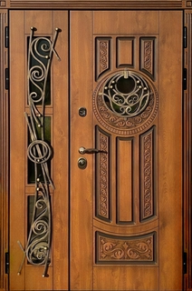 Полуторная термодверь МДФ с остеклением и коваными решетками