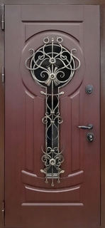 Металлическая термодверь с накладной кованой решеткой и стеклом (отделка МДФ)