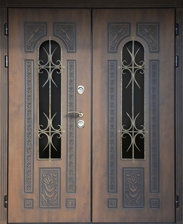 Входная двустворчатая термодверь МДФ с остеклением и решетками для дома