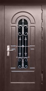 Входная термодверь с остеклением и решеткой (коричневый МДФ с фрезеровкой)