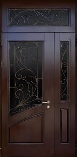 Полуторная остекленная термодверь с фрамугой и ковкой (МДФ со шпоном)
