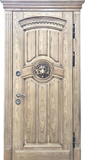 Стальная морозоустойчивая термодверь с карнизом и резьбой (МДФ со шпоном)