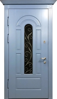 Металлическая морозоустойчивая термодверь с карнизом, остеклением и ковкой (отделка МДФ RAL)