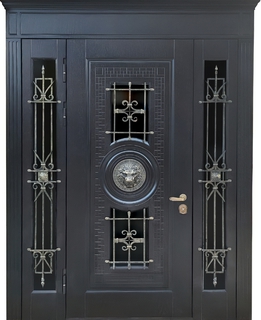 Парадная входная термодверь с карнизом, чеканкой «лев», стеклом и ковкой (панели МДФ)