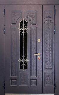 Металлическая полуторастворчатая термодверь с остеклением и решеткой (отделка – МДФ с рисунком) Металлическая полуторастворчатая термодверь с остеклением и решеткой (отделка – МДФ с рисунком)