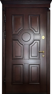 Входная термодверь с карнизом (отделка темным МДФ шпон с багетом)