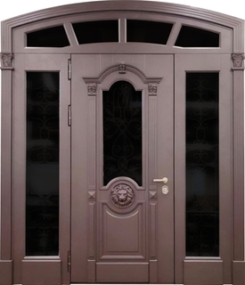 Арочная парадная остекленная термодверь с отделкой из панелей МДФ с резьбой