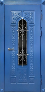 Металлическая уличная термодверь с решеткой и стеклом (отделка синими плитами МДФ RAL)