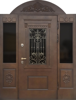 Парадная термодверь с боковыми остекленными вставками, ковкой и стеклом (МДФ шпон с резьбой)