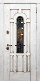 Металлическая термодверь с витражным остеклением и ковкой (МДФ шпон с патиной)