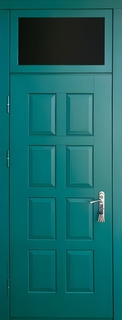 Зеленая металлическая дверь «термо» с остекленной фрамугой (МДФ RAL псевдофиленка)